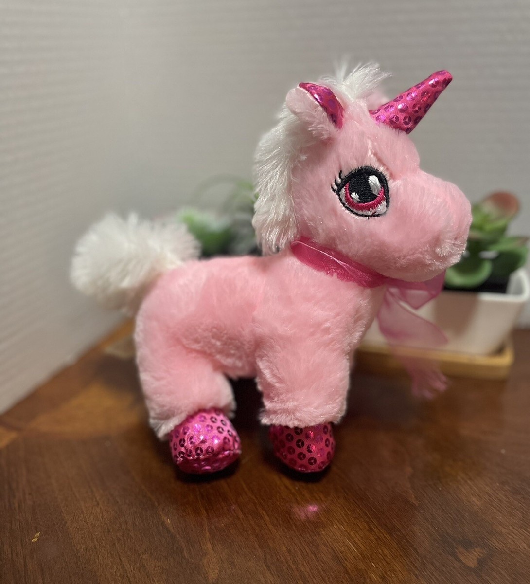Plush Unicorn Stuffed Animal Pink with White Mane and Tail Tall
