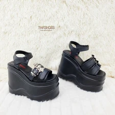 Wave 13- 6" Platform Goth Bat Buckle Sandals Shoes Matte Black NY DEMONIA