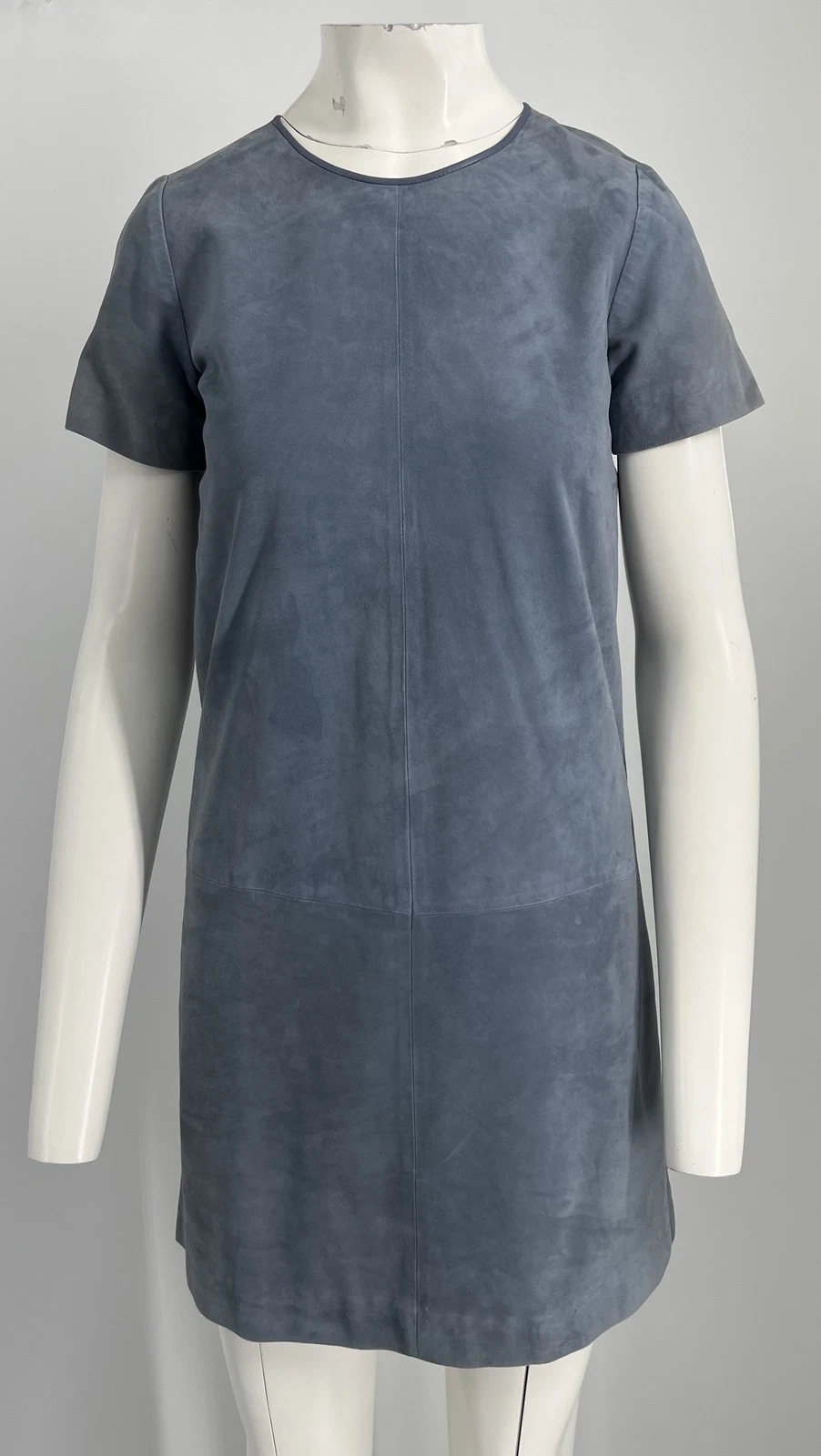 Gucci Retail $2500 abito a tubino blu chiaro scamosciato manica corta taglia 40 nuovo con etichette