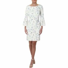 Lauren Ralph Lauren Womens White Floral Bell Sleeves Shift Dress 14 W