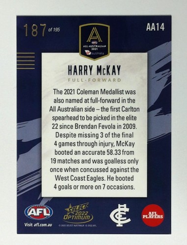 "Juego de tarjetas Harry McKay 2022 Select AFL All Australian AA14 ""bajo"" y AAL14" Carlton - Imagen 5 de 6