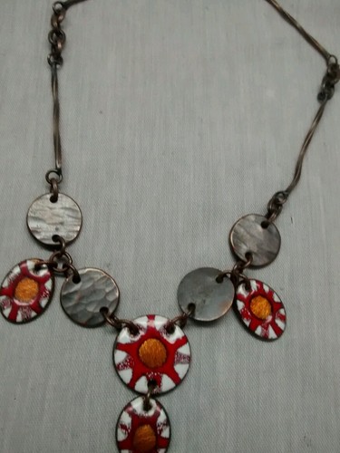 Stunning vintage studio modernist copper red enamel dangle necklace