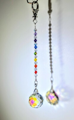Crystal sun catcher prism 30mm AB with chakra Swarovski beads and silver clasp 