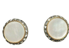 Vintage 1960s Clip‑On Earrings Mother of Pearl Button Gold Tone Pave Rhinestones