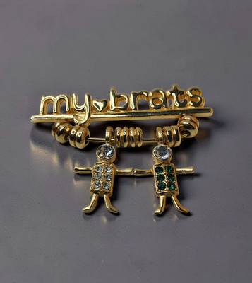 Vintage Signed Kis, USA Goldtone and Crystal ''My Brats'' Pin Brooch,