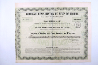 COMPAGNIE D EXPLOITATIONS DES MINES DE HOUILLES ACTION DE 500 FRANCS PARIS 1856