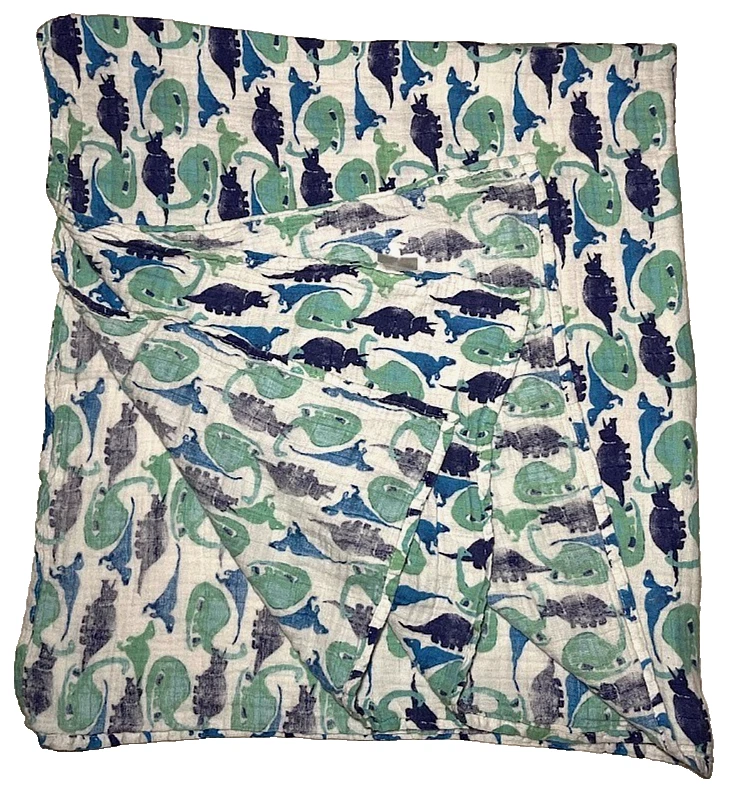 Manta de muselina dinosaurio verde azul Adén + Anais bebé etiqueta blanca algodón Foto 3 de 3