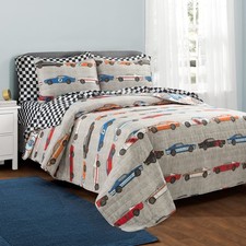 Race Car Theme Bedding Set Queen Blue Orange Quilt and Checkered Sheets