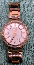 Ladies Fossil Virginia Rose Gold Tone Crystal Bracelet Watch New Battery, Small
