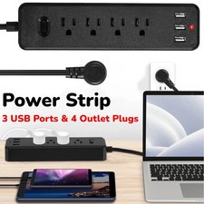 Wall Mountable USB Surge Protector Power Strip with 3 USB Ports 4 Outlet Plugs
