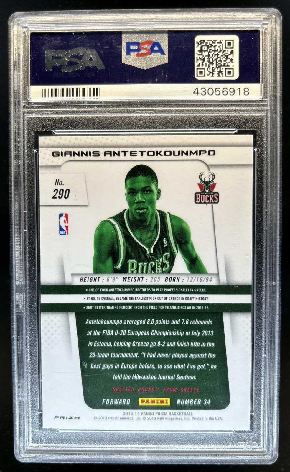2013-14 Panini Prizm Giannis Antetokounmpo RC Prizm Blue #290 Bucks PSA 9 view 2