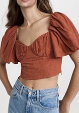 Jonathan Simkhai Quine Puff Sleeve Linen Jacquard Crop Top Orange Size 6 $345