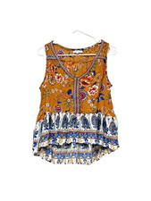 Patrons Of Peace Tank Flowy Summer Floral Mustard Gold Cute Summer Boho Hippy To