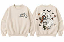 Ghost Skeleton Halloween Sweatshirt, Spooky Fall Front Back Crewneck