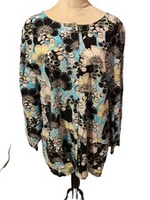 Cherokee Lab Coat Black Floral Snap Front 3XL Long Sleeves