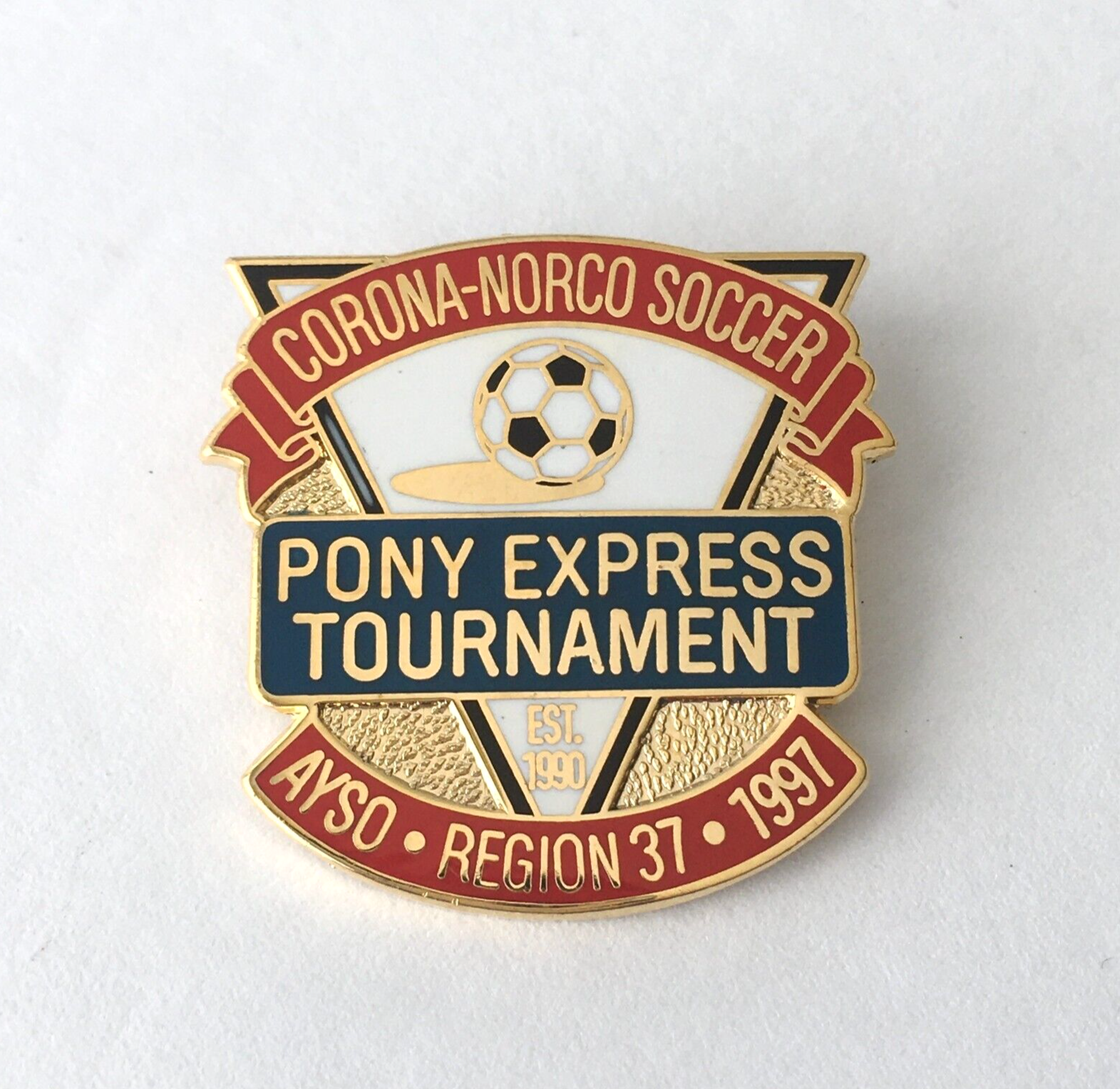 Spilla cappello bavero AYSO calcio giovanile pony express torneo California 1997