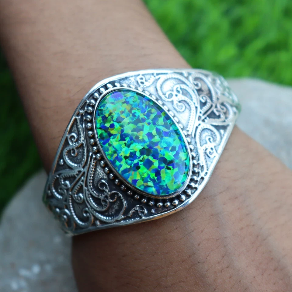 Brazalete australiano doble ópalo de fuego piedras preciosas plata de ley 925 regalo amor Foto 4 de 4