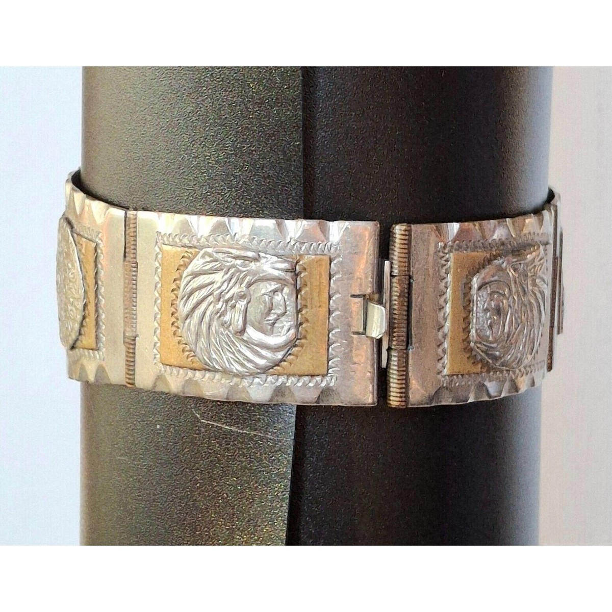VINTAGE MEN'S TAXCO 925 STERLING SILVER AND BRASS AZTEC DESIGN