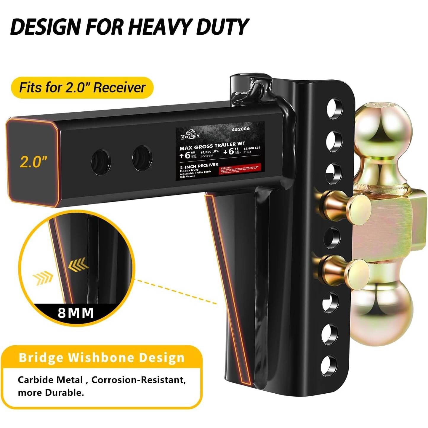 Adjustable Trailer Hitch Fits 2.0-Inch Receiver 2" & 2-5/16" Ball Drop Hitches