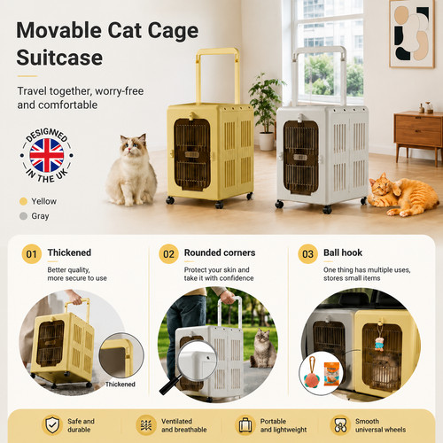 Foldable Cat Dog Carrier Trolley with Wheels Portable Travel Suitcase Crate Box