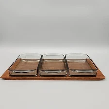 Arne Basse Danish Modern Teak Tray + 3 Holmegaard Gray Glass Dishes VTG MCM