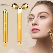 2 in 1 Face Massager Golden Facial Electric 3D Roller and T Shape Arm Eye Nose M