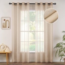 2 Panels Beige Semi Sheer Window Curtains Elegant Grommet Top Window Voile