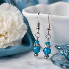 Shiny Glass Crackle and Briolette Faceted Rhinestone Fishhook Earrings