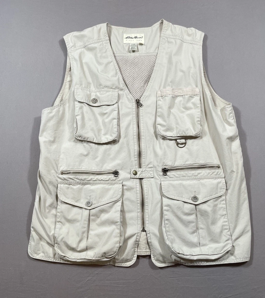 Vintage Eddie Bauer Vest Mens L Beige Fishing Canvas Cargo Utility Zip Sportsman