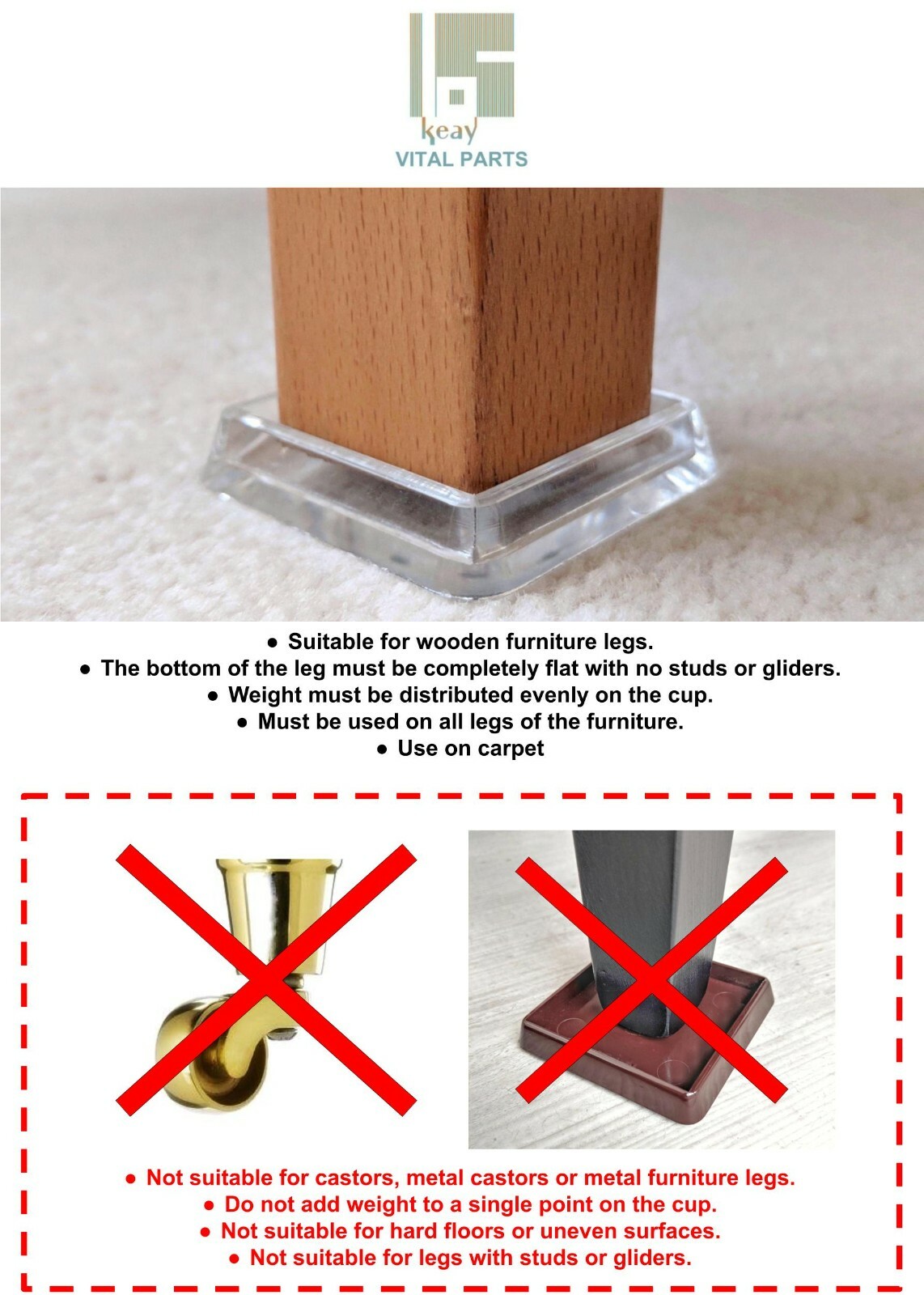 Square Furniture Leg Cups Carpet Protector Impact Resistant Made in
