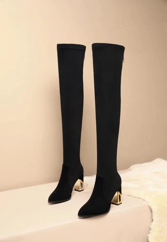 Overknee Socken Stiefel eckiger Absatz Schuhe Wildleder Damen spitz zulaufend hoher Absatz - Bild 20 von 25