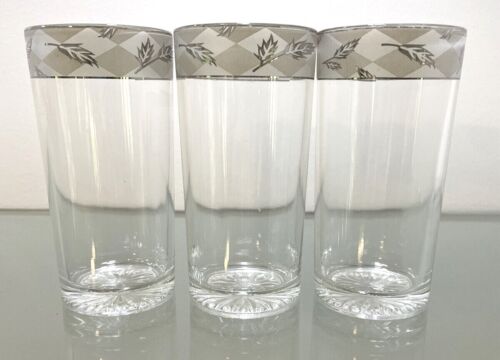 Mid Century Modern Silver Leaf Band 8 oz Juice Glasses 5" Tall Set of 3 - Picture 2 of 9