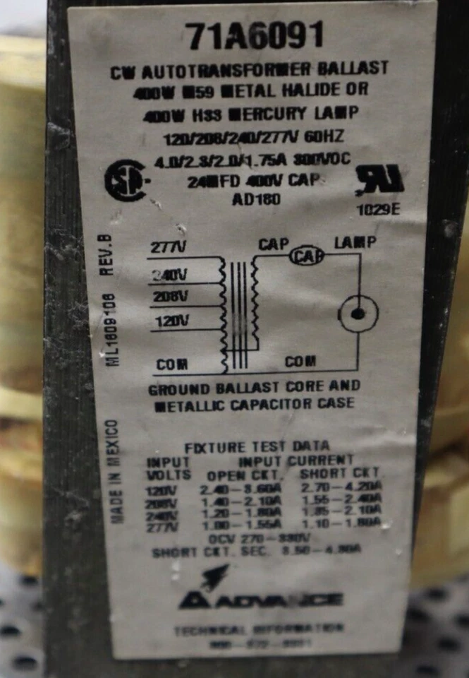 Lastre Autotransformador ADVANCE 71A6091 CW 400W 120/206/240/277V Usado Ver Fotos Foto 3 de 4