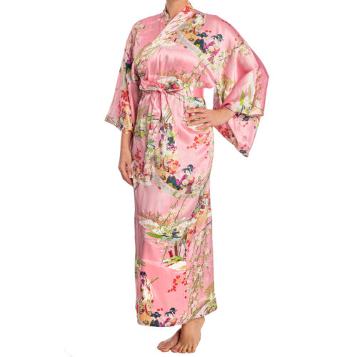 Kimono japonais imprimé soie ukiyoe rose long imprimé - Photo 1/5