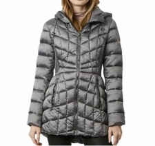 Bernardo Women's EcoPlume Hooded Packable Quilted Jacket-Charcoal-Size S NWT