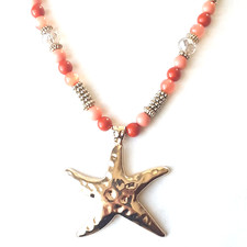 Starfish Pendant Necklace Orange Beaded Goldtone "19 3" extension