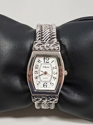 Eikon White Dial Silver Tone Hinge Cable Style Bracelet Band Watch 6 Inch