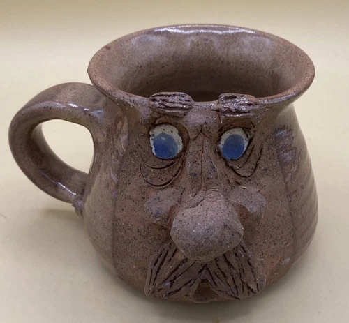 Studio Art Pottery Face Mug Brown Glaze Signed Handmade Coffee Tea