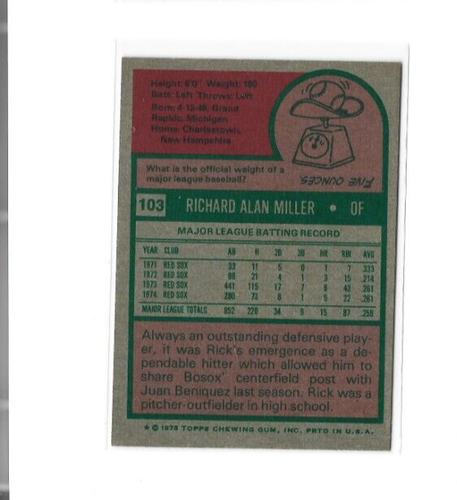 1975 Topps #103 Rick Miller NMMT - Picture 2 of 2