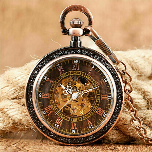 Steampunk Mens Hand Winding Automatic Mechanical Pocket Watch Pendant Chain Gift - Picture 4 of 24