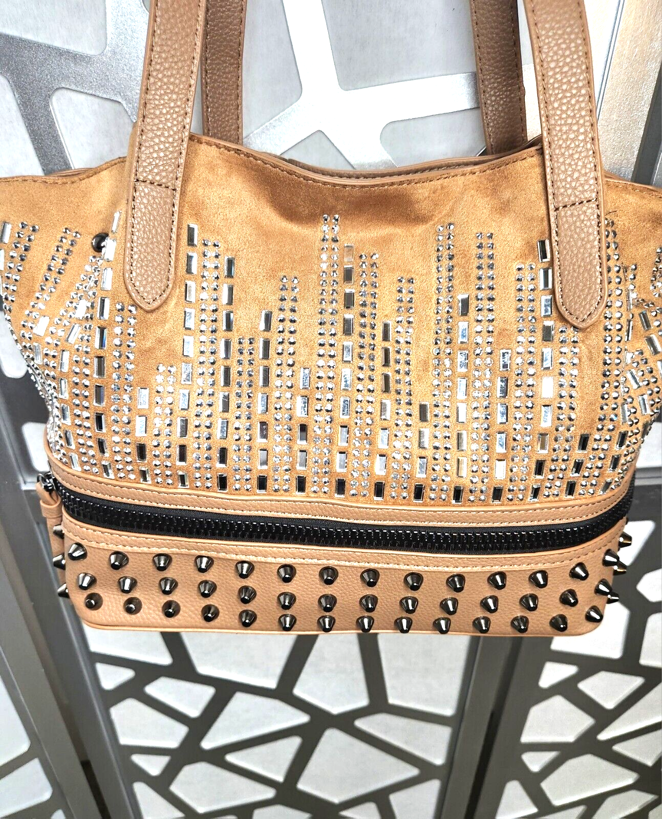 Bling Studded Rhinestone Tote Evening Handbag in Taupe with Crystal Embellishments-image