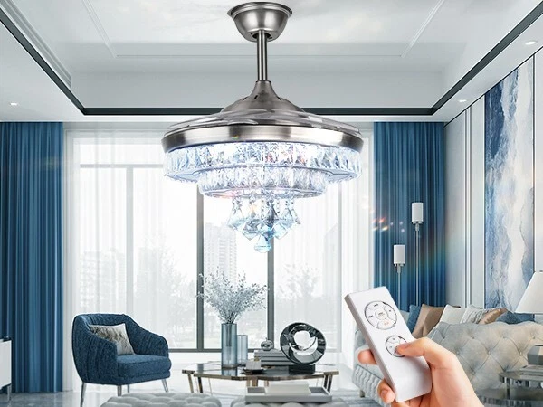 42" Chrome Crystal Chandelier Retractable Ceiling Fan Remote 3-Color LED Light - Image 2 of 4