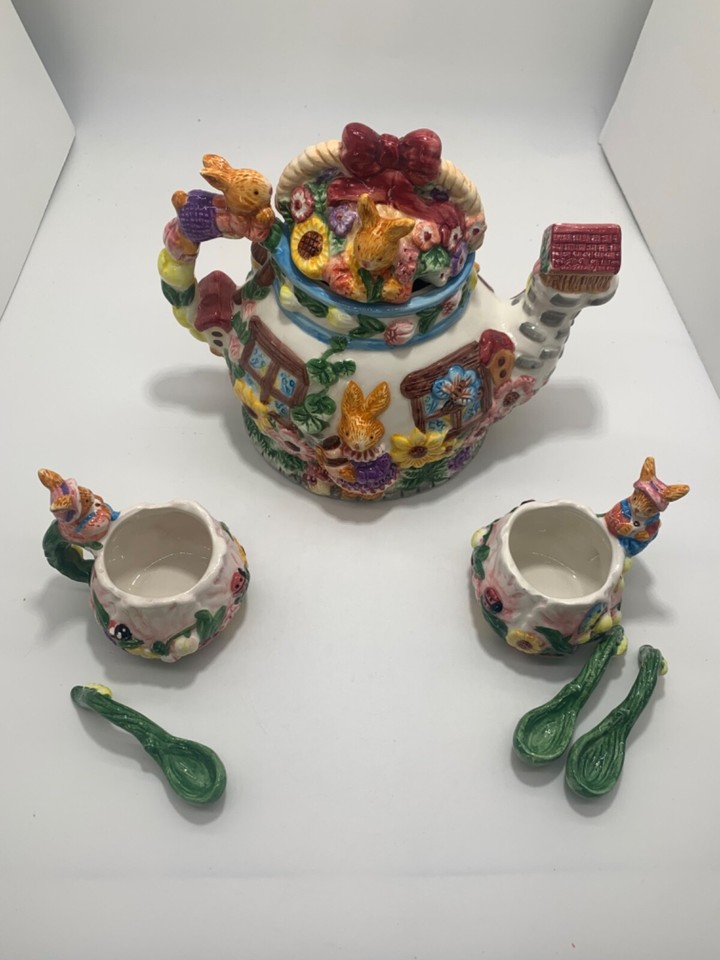 Vintage Bunny Rabbit Easter Tea Set 1999 Merc Asia Hand Painted Cups