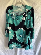 Susan Graver Liquid Knit Tunic Top Plus 3X Navy Blue Tropical Floral 3/4 Sleeve