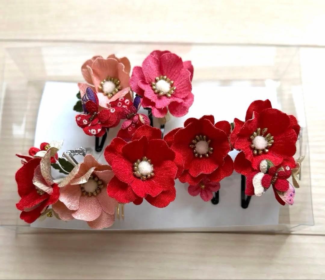 Kanzashi Hair Ornament Set 5pcs Red Pink Flower Clips for Kimono Used