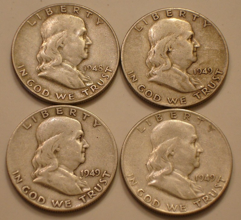 1948-D, 1949-P, 1949-D & 1949-S Franklin Half Dollars