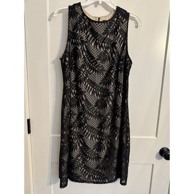 Sharagano LBD Bodycon Mini Cocktail Dress Size W 18Black Lace over Nude