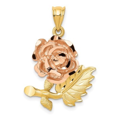 14k zweifarbiger massiver Satin Diamantschliff Blume Anhänger Halskette Damen Garten
