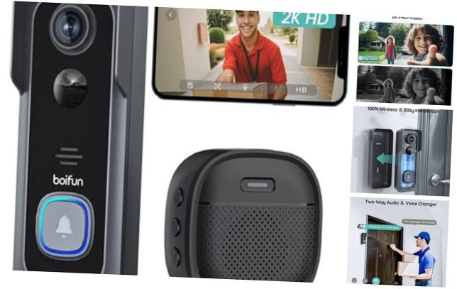 Wireless Doorbell Camera with Chime - 166° Wide Angle View, 2K HD Video, Black-image