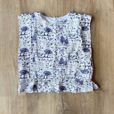 eh KOCH Blue & White Summer Camp Toile Sleeveless Satin Blouse Top SMALL